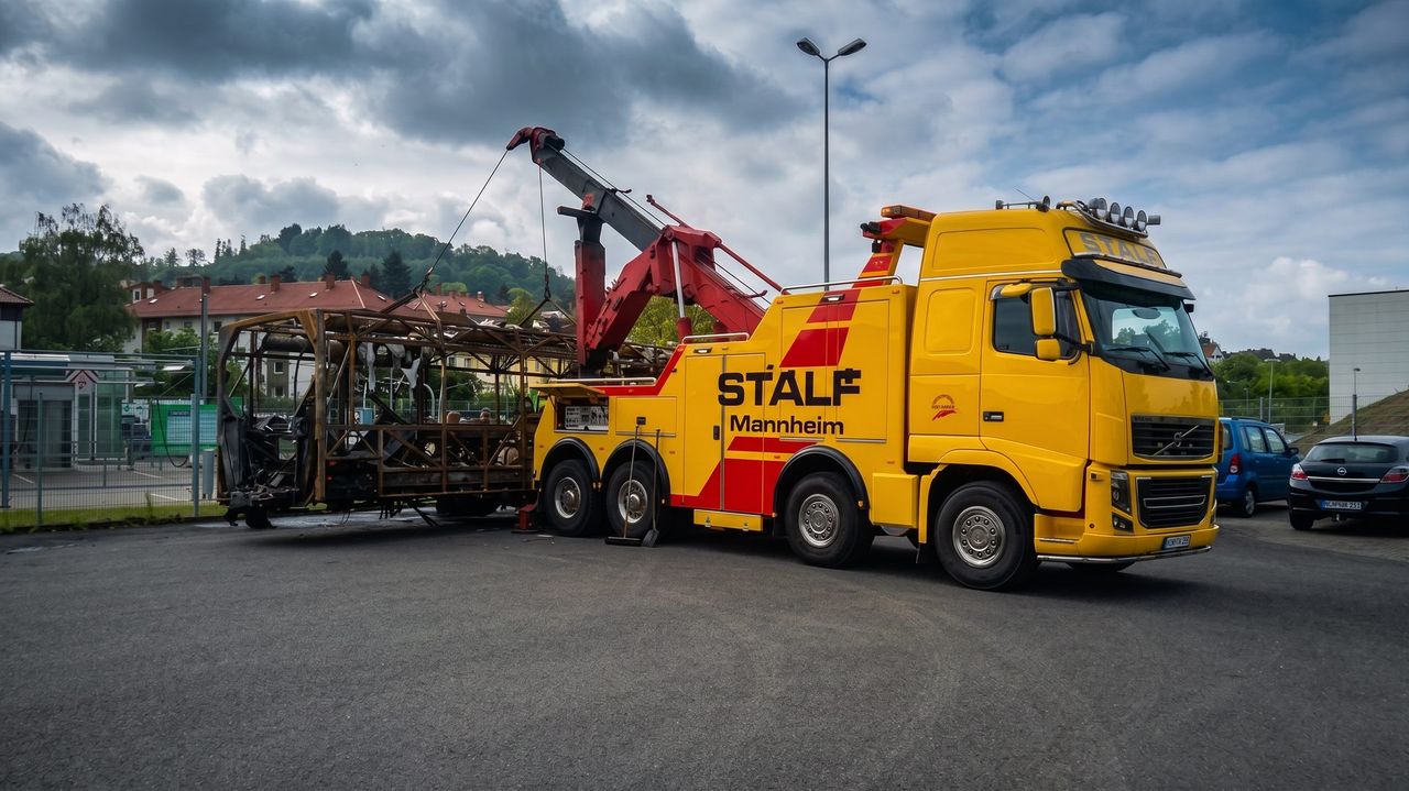 Bergefahrzeug der STALF KG mit verunfalltem Autotransporter