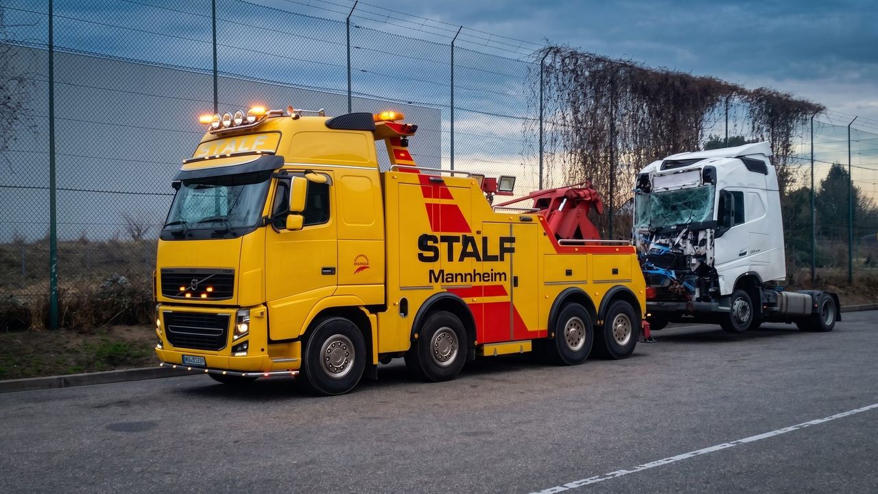 Gelbes Bergefahrzeug „STALF Mannheim“ mit aufgenommener Sattelzugmaschine auf dem Betriebshof